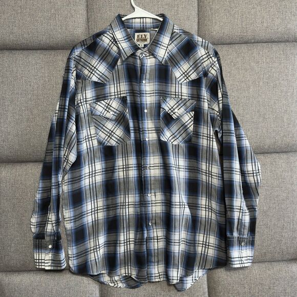 Ely Cattleman Mens Long Sleeve Pearl Snap Western Shirt L Blue Black Plaid - Picture 2 of 15